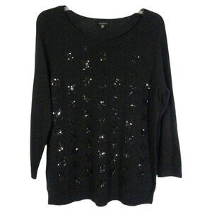 Talbots Black Sequin Snowflake Lambswool Blend Sweater Womens Size M Pullover